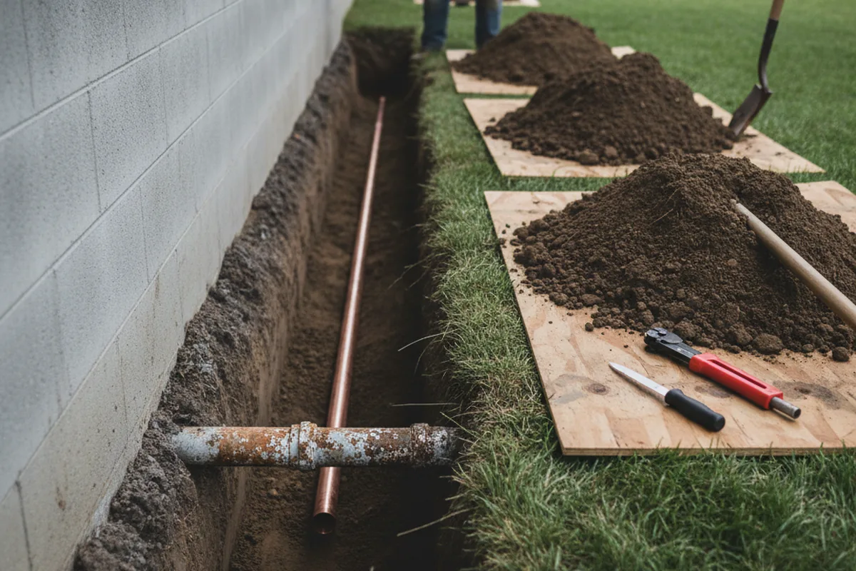 Excavated water line trench during Water Heater Repair in Victory Mills